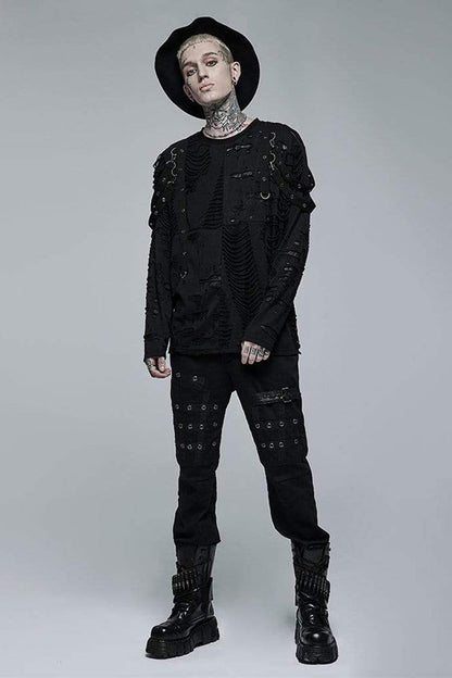 Black Gothic Broken Holes Knitted Fabric Stitching Metal Buckle Detachable Decorative Tape Long Sleeve T-shirt