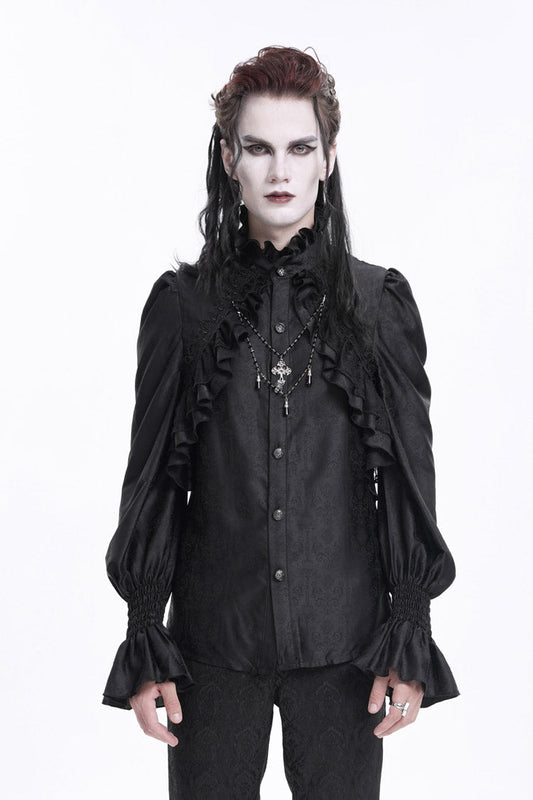 Black Stand Collar Long Sleeves Ruffle Lace Cross Gothic Blouse