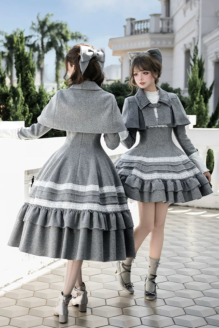 Grey [letters and Poems · Old Memories] Stand Collar Long Sleeves Double-layered Ruffled Bow Classic Lolita Dress 2 Versions