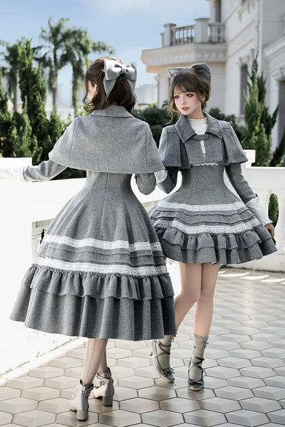 Grey [letters and Poems · Old Memories] Stand Collar Long Sleeves Double-layered Ruffled Bow Classic Lolita Dress 2 Versions