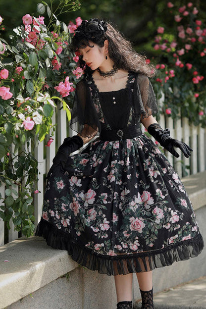 Black French Rose Print Square Collar Ruffled Classic Lolita Op Dress