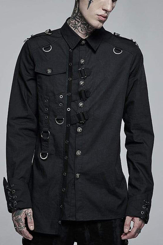 Black Punk Asymmetric Hem Personality Metal Buckle Decorative Soft Long Sleeve Shirt