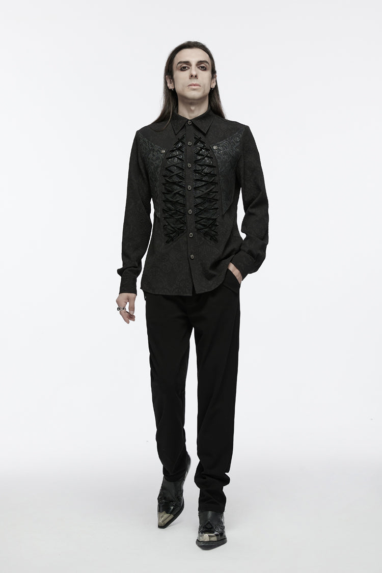 Black Lapel Collar Long Sleeves Jacquard Print Drawstring Lace-up Gothic Blouse