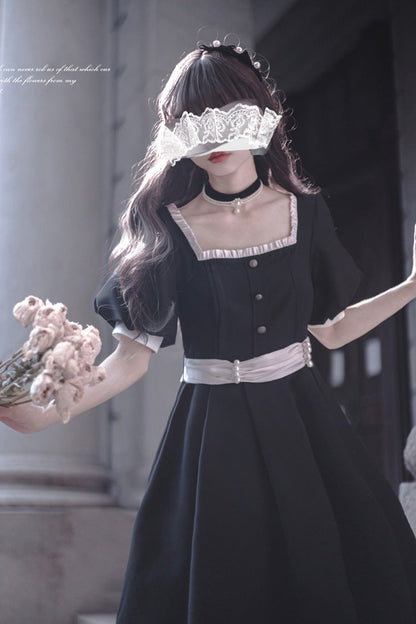 Black [random Thoughts] Square Collar Short Sleeves Ruffle Classic Lolita Dress