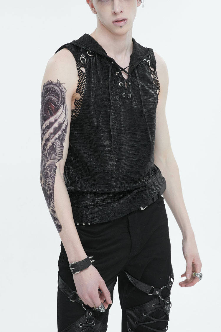 Black Strappy Mesh Splice Punk Vest With Hood