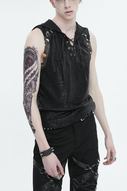Black Strappy Mesh Splice Punk Vest With Hood