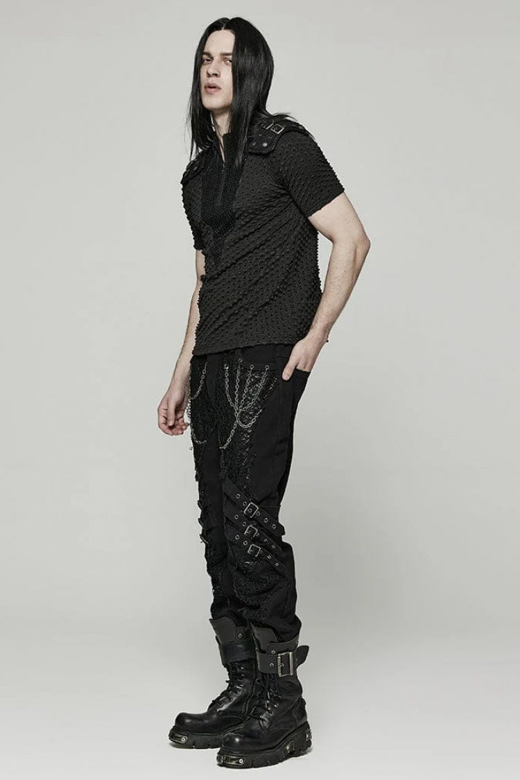 Black Short Sleeves Mesh Bubble Buckle Zipper Steampunk T-shirt