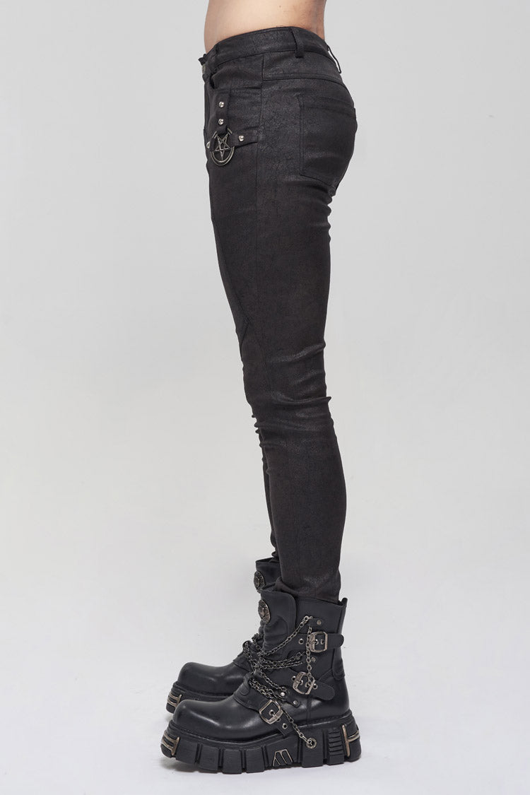 Black Basic Funds Metal Pentagram Crackle Punk Slim Pants