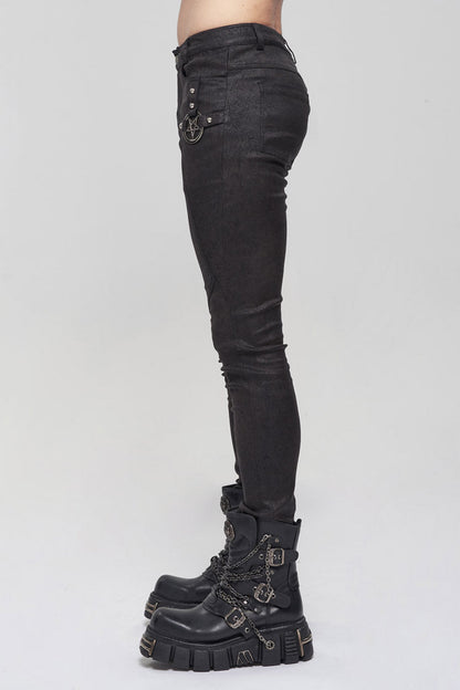 Black Basic Funds Metal Pentagram Crackle Punk Slim Pants