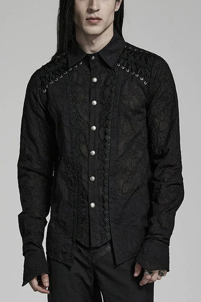 Black Lapel Collar Long Sleeves Lace Daily Gothic Blouse