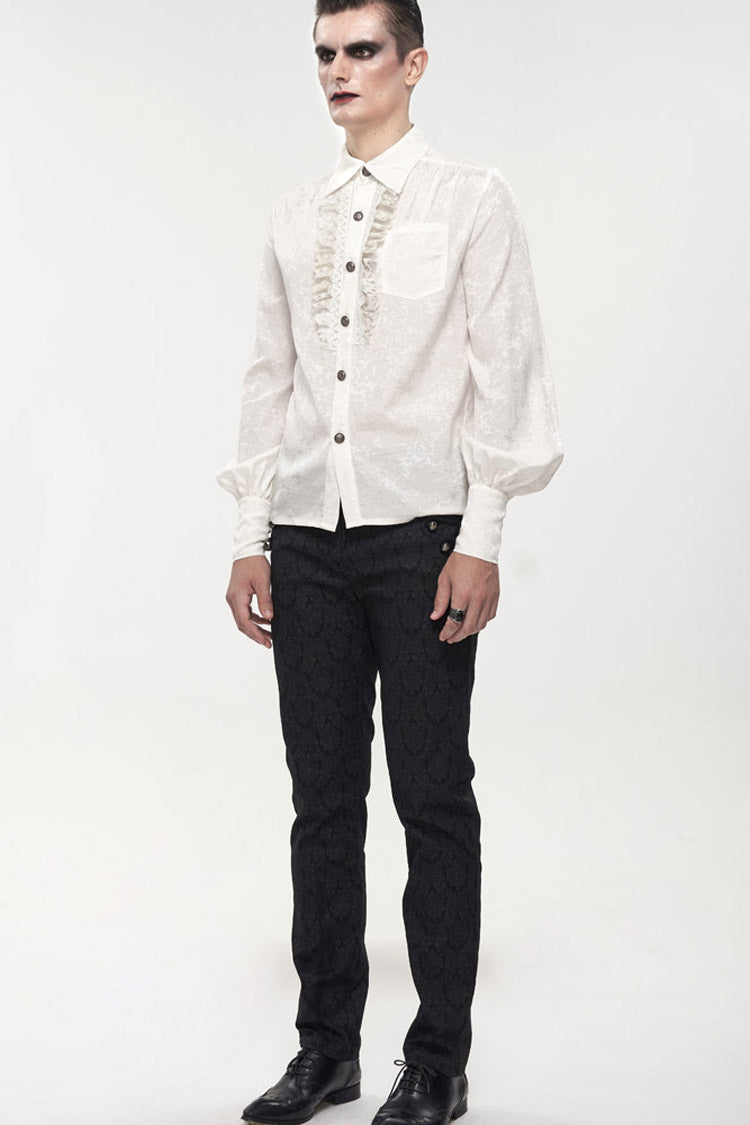 White Gothic Metal Pattern Buckle Long Sleeve Pleated Lace Lantern Shape Printing Pattern Shirt