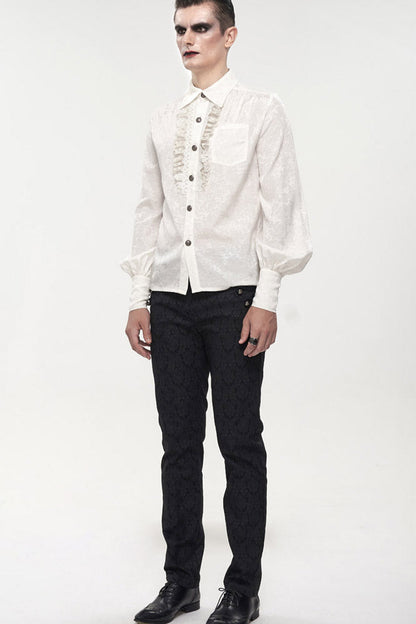 White Gothic Metal Pattern Buckle Long Sleeve Pleated Lace Lantern Shape Printing Pattern Shirt