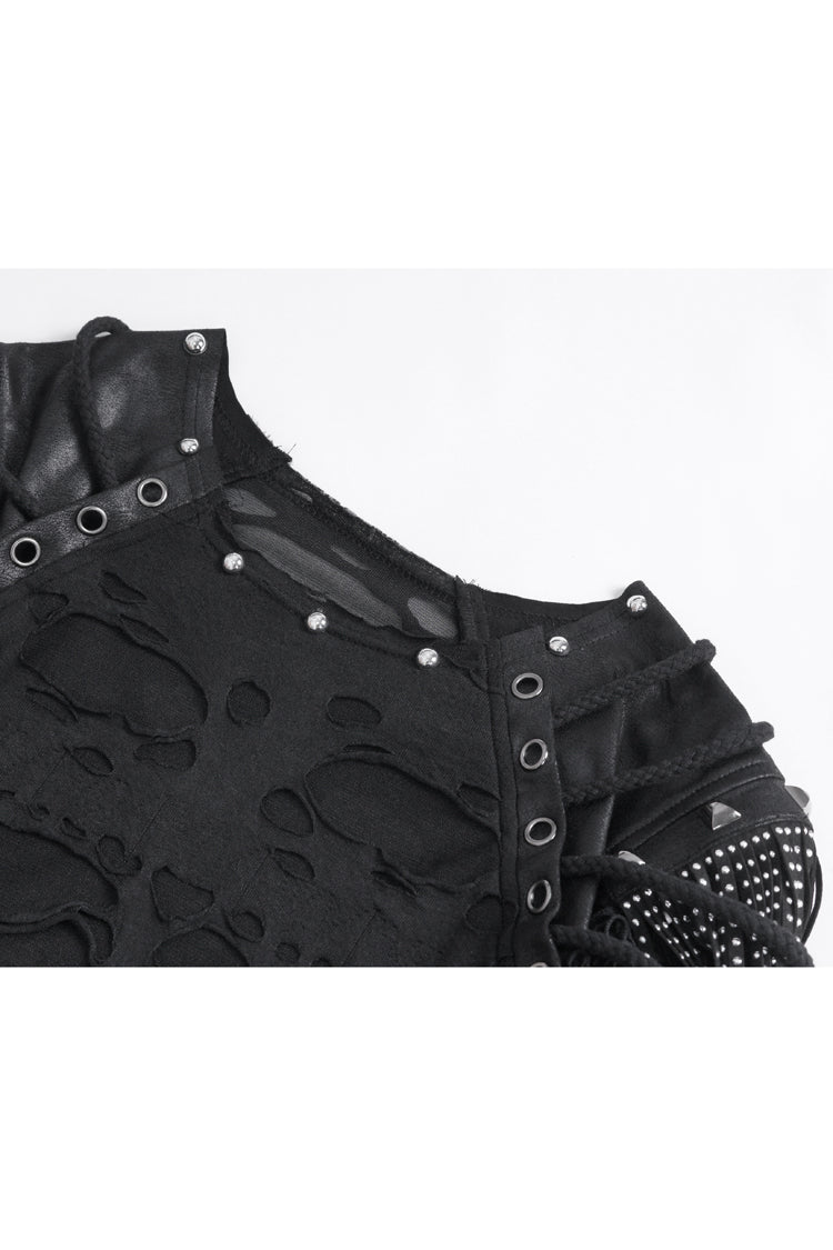 Black Round Collar Mesh Stitching Punk T-shirt
