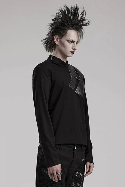 Black Long Sleeves Faux Leather Stitching Steampunk Blouse