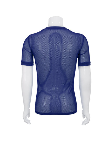 Blue Crew Neck Diamond-shaped Net Short Sleeve Gothic T-shirt