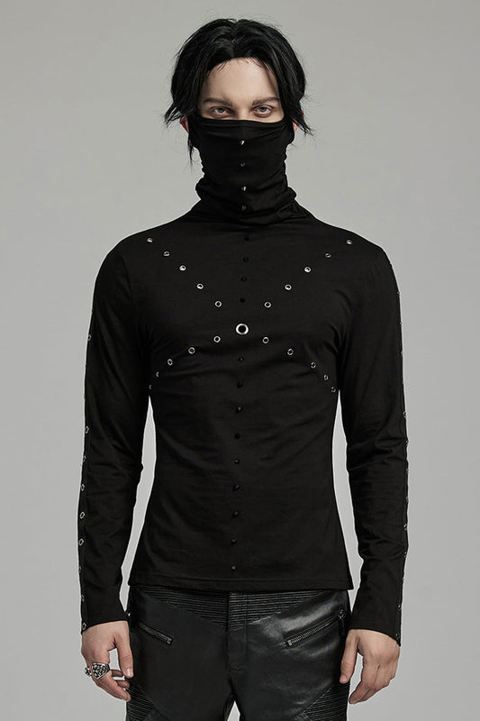 Black Long Sleeves Rivet Mesh Punk Blouse With Undetachable Mask
