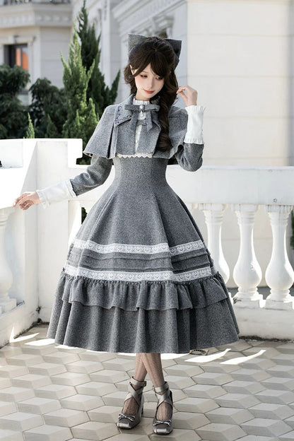 Grey [letters and Poems · Old Memories] Stand Collar Long Sleeves Double-layered Ruffled Bow Classic Lolita Dress 2 Versions