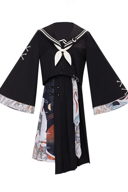 Black Bad Girl Chinese Elements Printed Asymmetric Pleated Skirt Full Set of Classic Lolita Dress