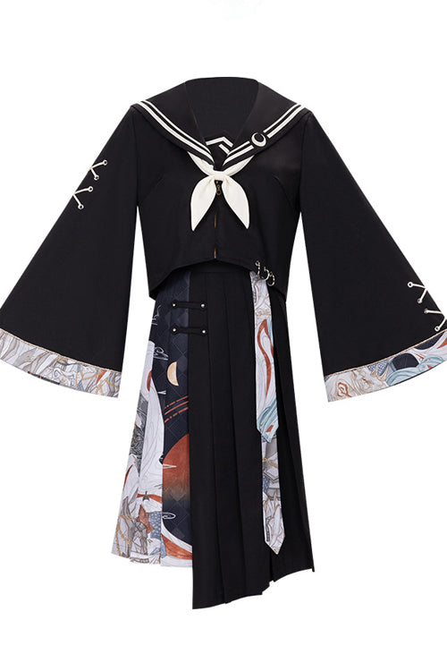 Black Bad Girl Chinese Elements Printed Asymmetric Pleated Skirt Full Set of Classic Lolita Dress