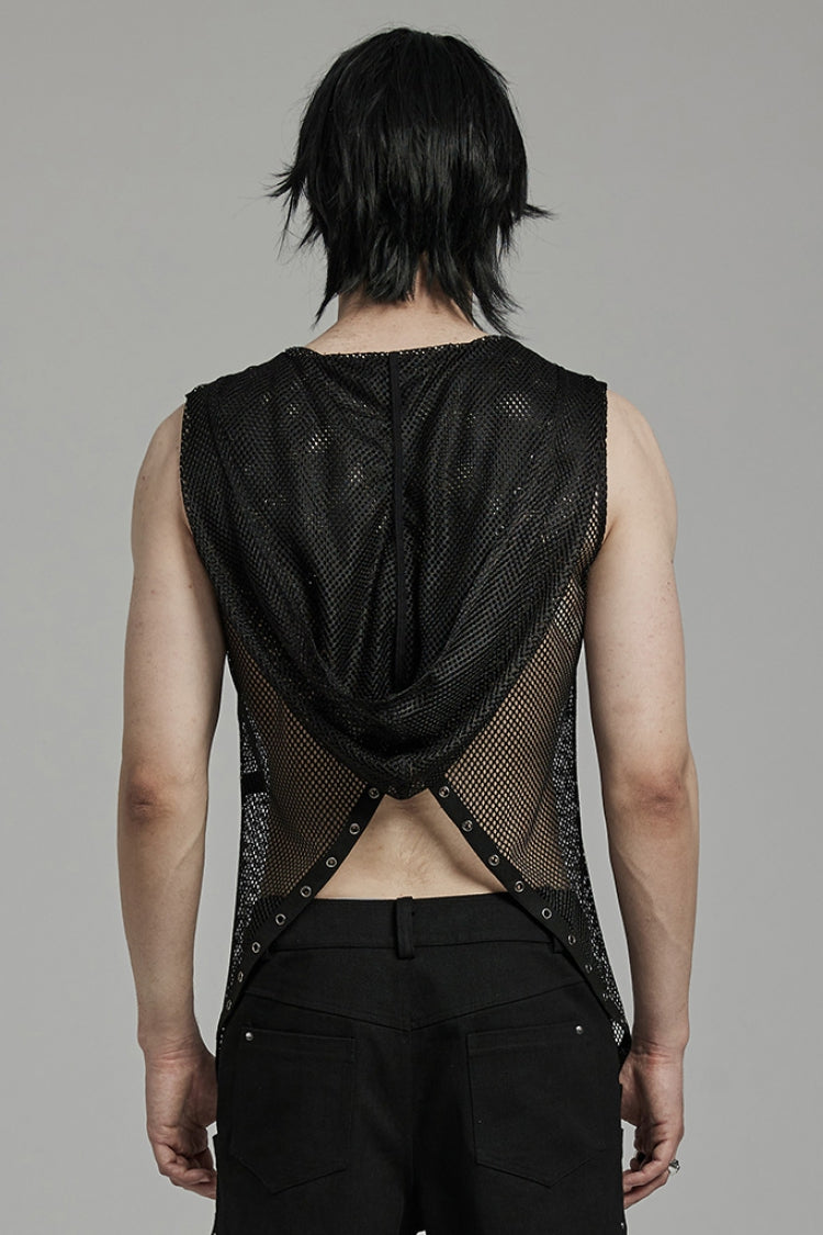 Black Sleeveless Irregular Hooded Mesh Eyelet Punk Vest