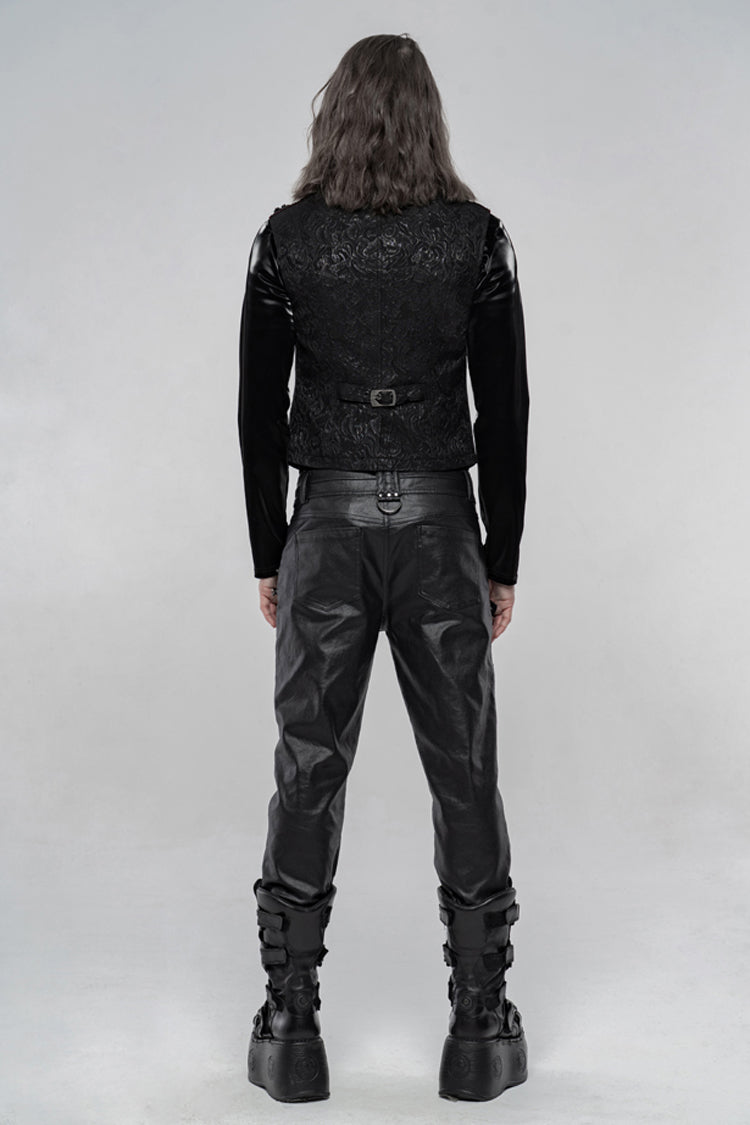 Black Jacquard Velvet Splice Weft Stand Up Collar Front Chest Breasted Decoration Gothic Vest
