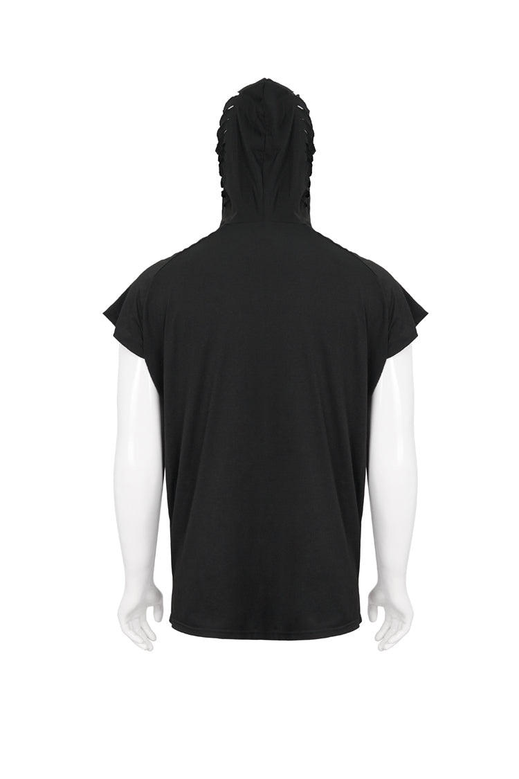 Black Skull Print Super High Neck Masked Rivet Hole Hooded Short Sleeve Punk T-shirt