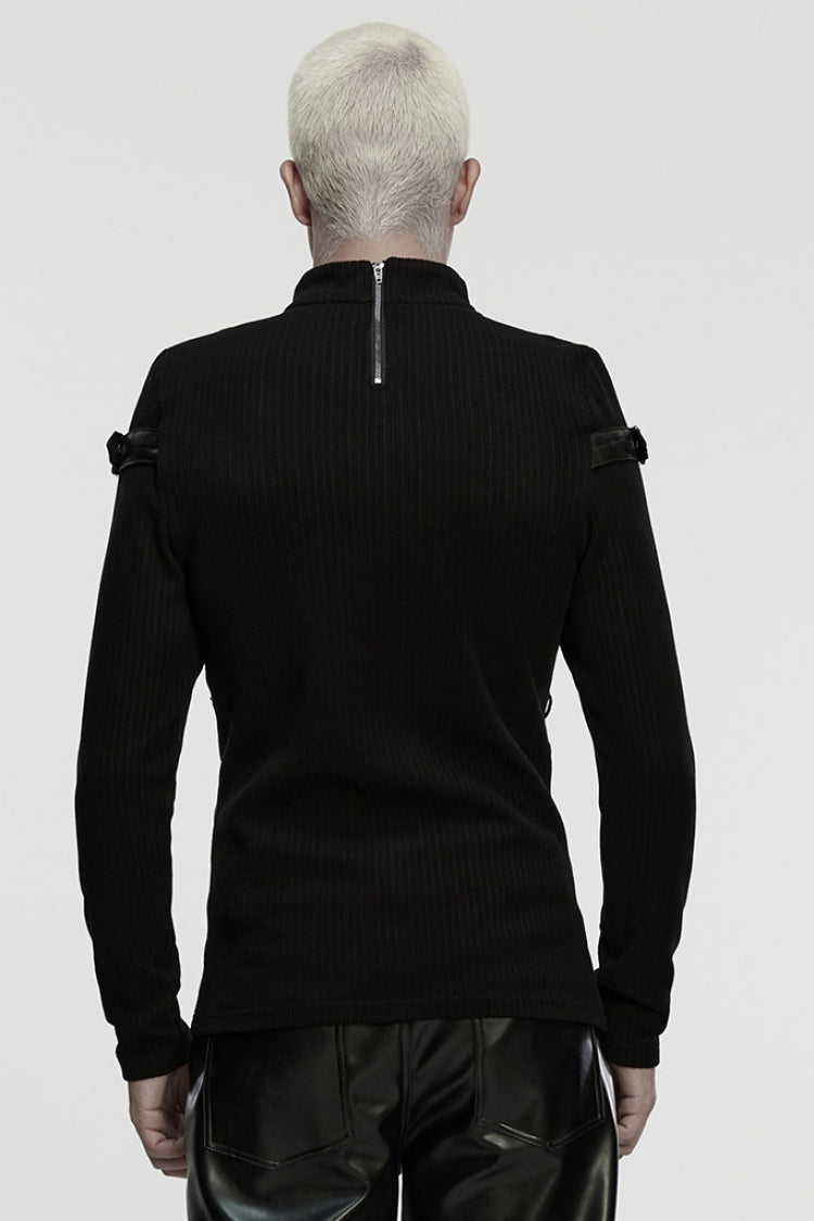 Black Stand Collar Long Sleeves Spliced Buckled Strappy Punk Top