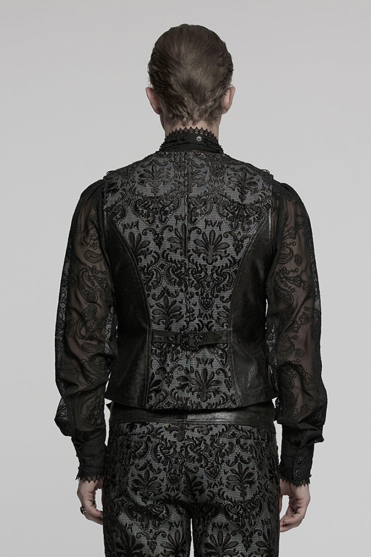 Black V Collar Long Sleeves Embroidery Gothic Vest