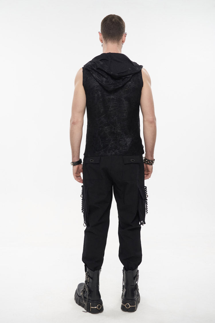 Black Skull Hollowed Out Print Stitched Sleeveless Chain Hoodie Punk Shirt