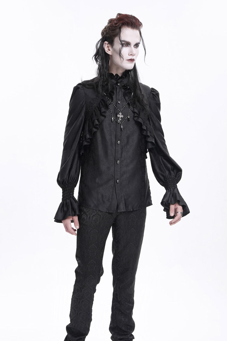 Black Stand Collar Long Sleeves Ruffle Lace Cross Gothic Blouse