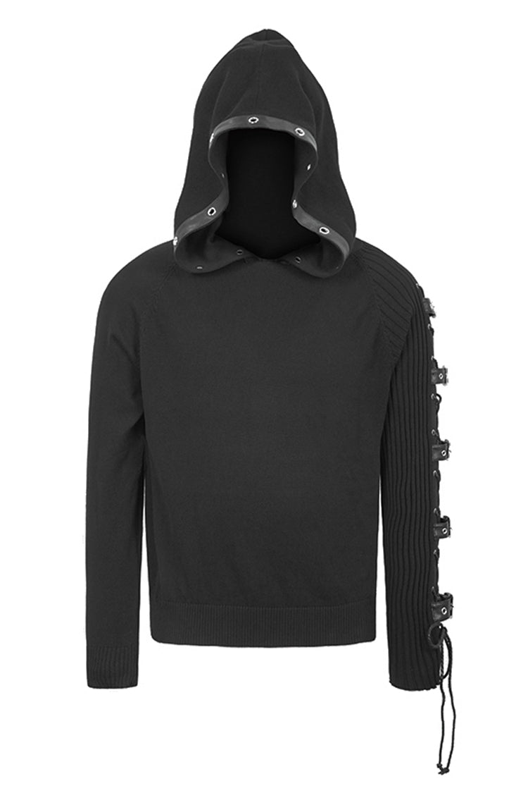 Black Asymmetrical Sleeves Leather Loop Lace-up Hooded Punk Sweater