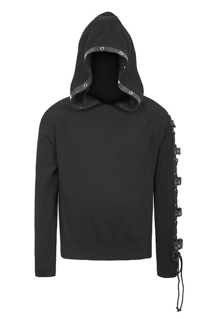 Black Asymmetrical Sleeves Leather Loop Lace-up Hooded Punk Sweater