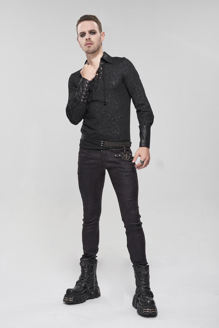 Black Basic Funds Metal Pentagram Crackle Punk Slim Pants