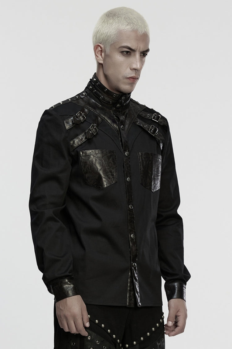 Black Stand Collar Long Sleeves Rivet Buckle Straps Eyelet Punk Blouse