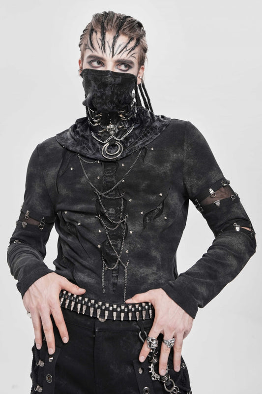 Black Long Sleeves Cutout Rivets Chain Punk Blouse