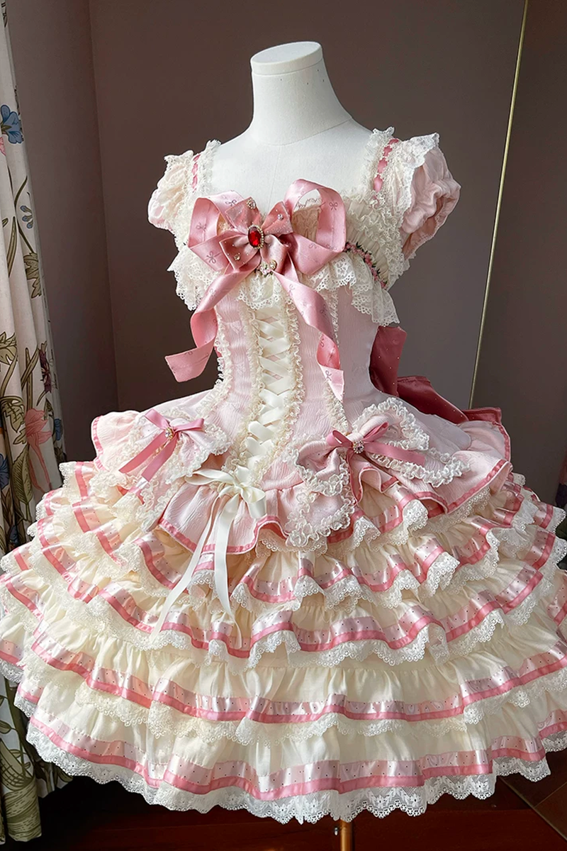 [pre-order Deadline: April 30] Sweet Pink Lolita Lace Ribbon Tiered Ruffle Princess Dress