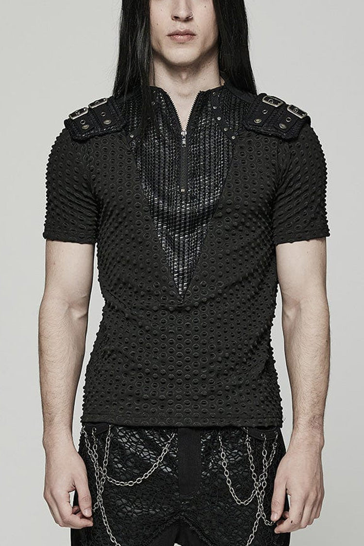 Black Short Sleeves Mesh Bubble Buckle Zipper Steampunk T-shirt