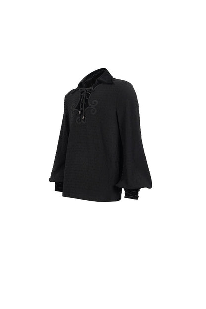 Black Embroidered Chest With Drawstring Strappy Puff Sleeved Gothic Shirt