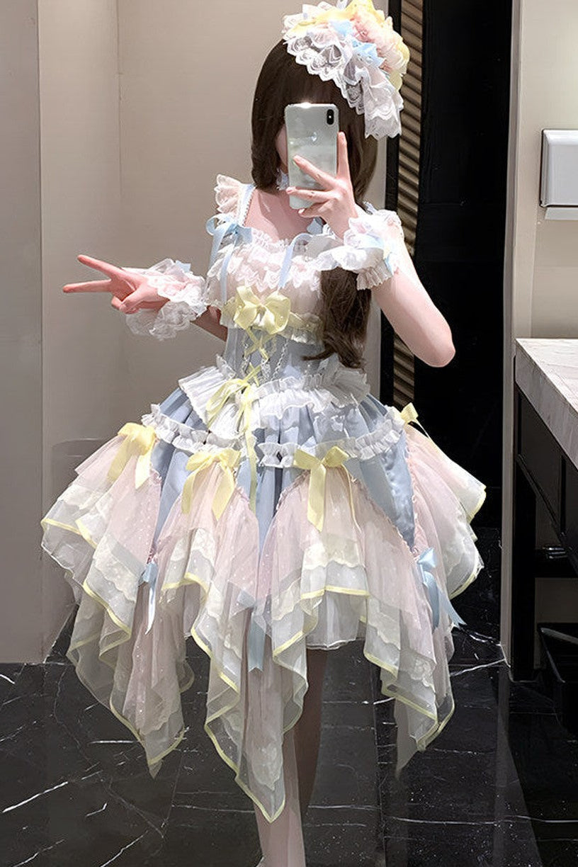 [pre-order Deadline: May 8] Pink X Green/blue X Yellow Fairy Princess Lolita Tulle Lace Bow Layered Dress