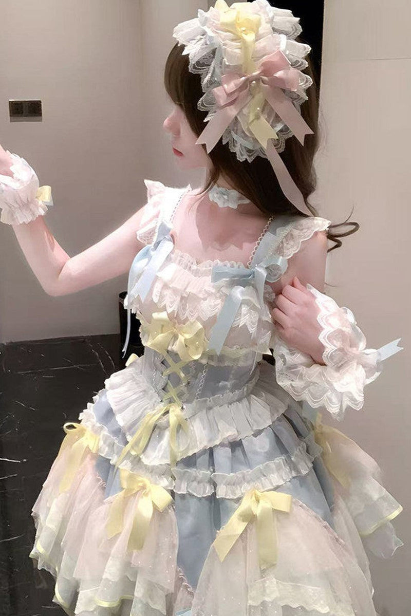 [pre-order Deadline: May 8] Pink X Green/blue X Yellow Fairy Princess Lolita Tulle Lace Bow Layered Dress