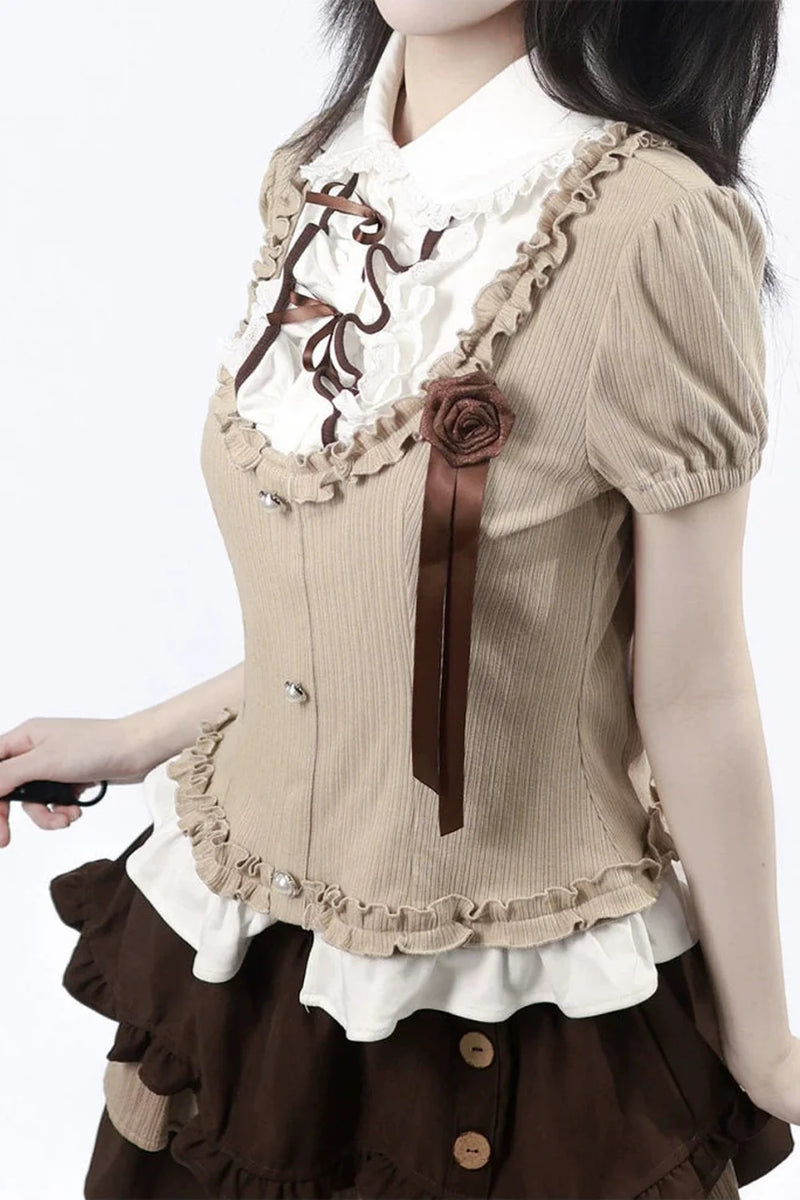 Rose Brown Lace Knit Top + Skirt