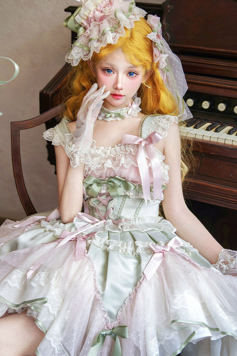 [pre-order Deadline: May 8] Pink X Green/blue X Yellow Fairy Princess Lolita Tulle Lace Bow Layered Dress