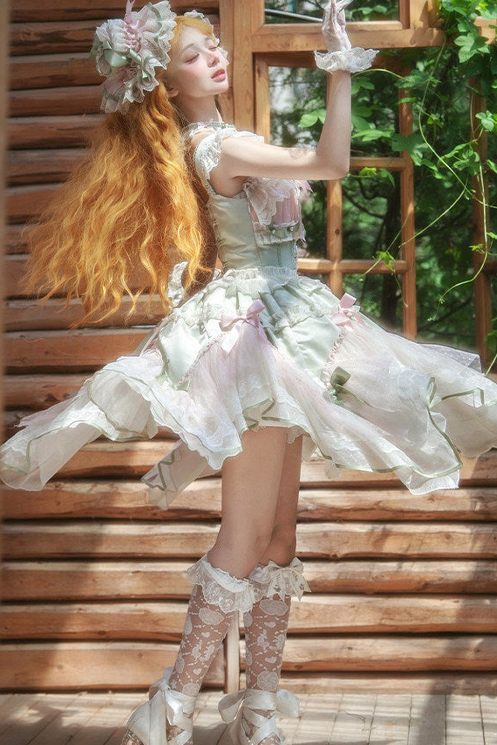 [pre-order Deadline: May 8] Pink X Green/blue X Yellow Fairy Princess Lolita Tulle Lace Bow Layered Dress
