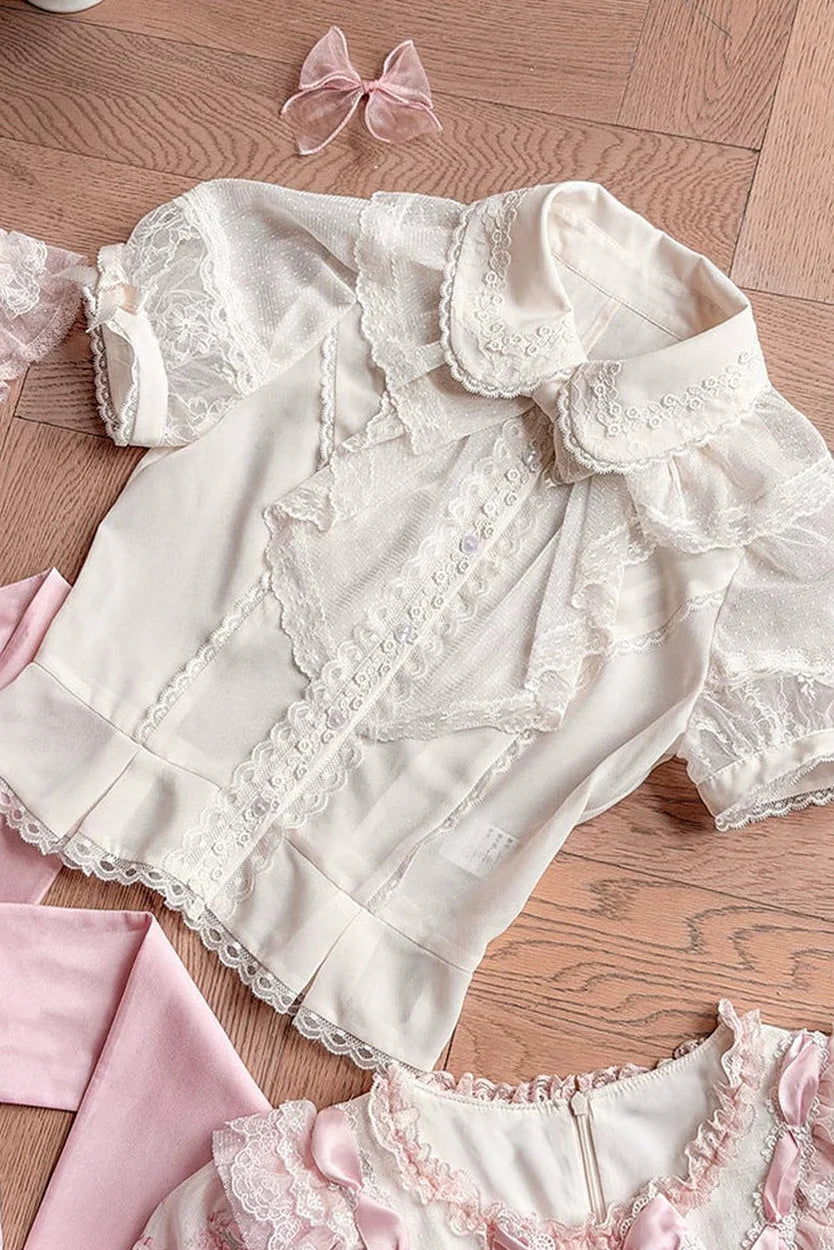 [pre-order Deadline: May 8] Sweet Lace Ribbon Layered Ruffle Blouse
