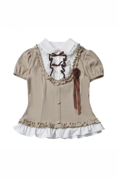 Rose Brown Lace Knit Top + Skirt