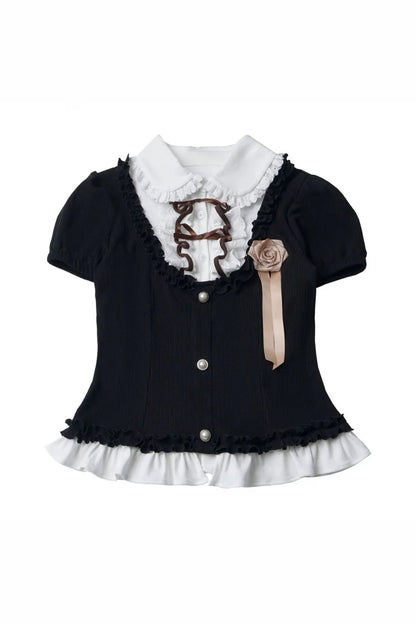 Rose Brown Lace Knit Top + Skirt