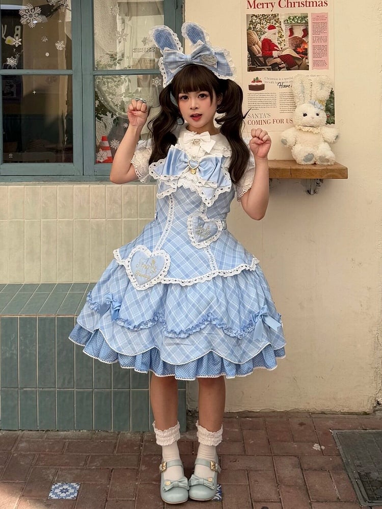 [pre-order Deadline: May 10] Blue/yellow/pink Sweetheart Lolita + Lace Ribbon Jks Dress + Bunny Ear Puff Sleeve Blouse + Bunny Ear Full Set + Cat Ear Full Set