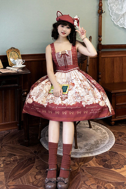 Wine Red [fox Band] Print Square Collar Bowknot Classic Lolita Jumper Dress
