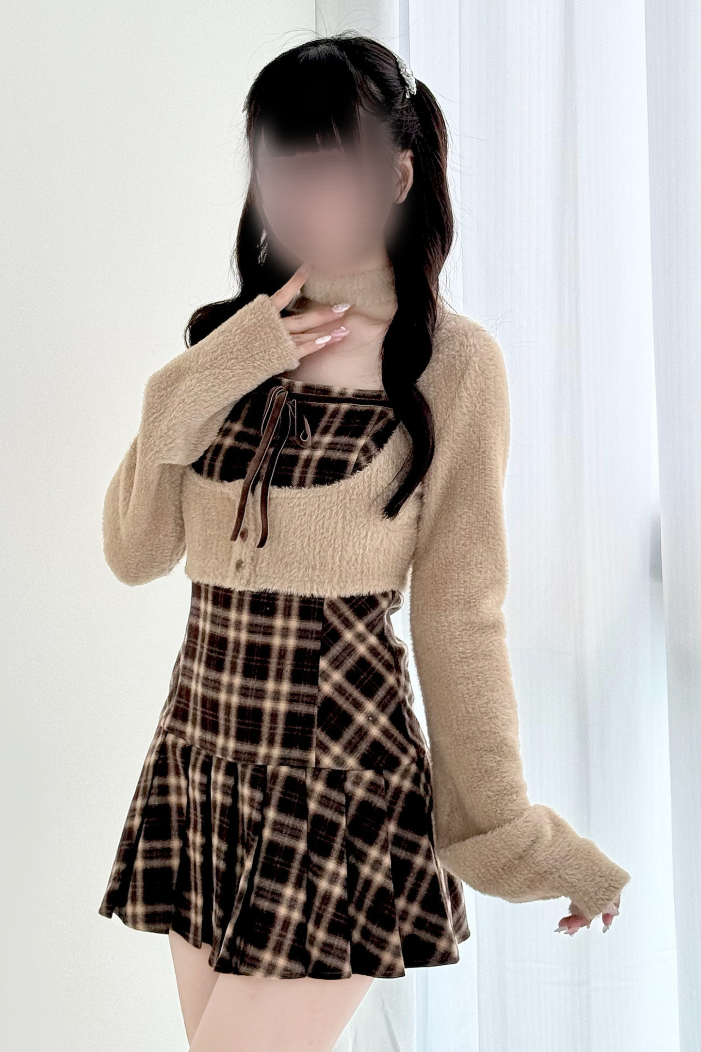 Checked Flared Dress + Short Cardigan
