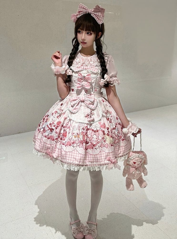 [pre-order Deadline: May 5] Pink Cherry Print Lace Ribbon Bunny Ear Apron Jsk Dress + Accessories
